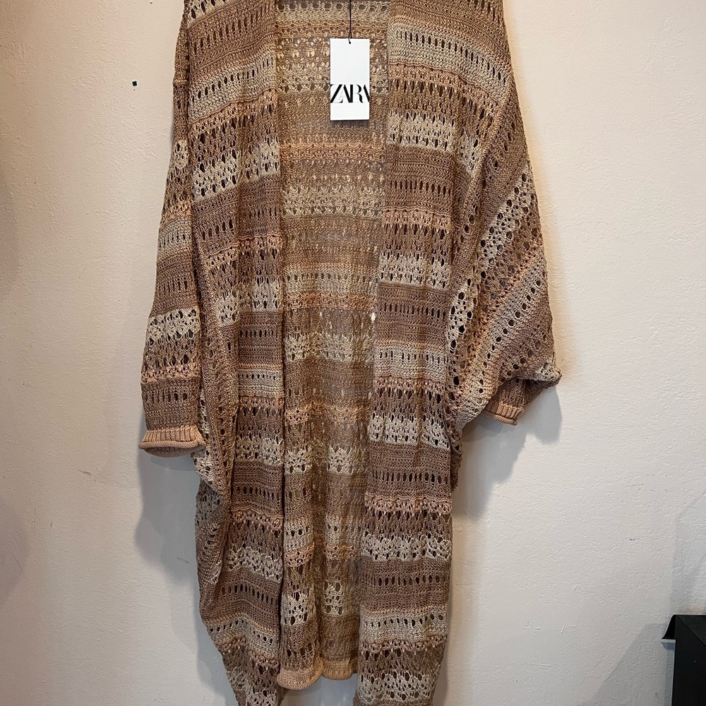 ZARA Neutral Beige & Cream Open-Knit Duster